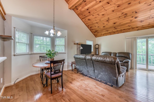 living room featuring baseboards, an inviting chandelier, high vaulted ceiling, beamed ceiling, and light wood-type flooring