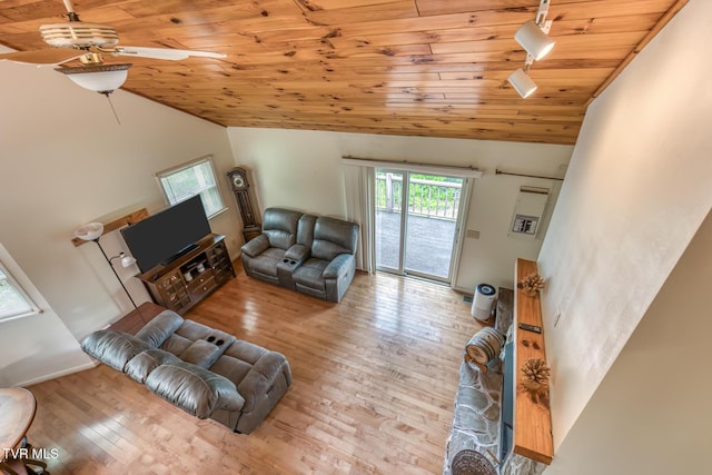 living room featuring a ceiling fan, wood finished floors, wooden ceiling, and vaulted ceiling