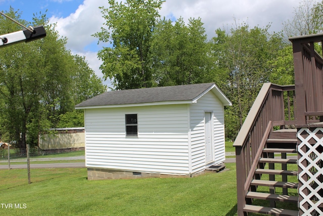 view of shed with stairs