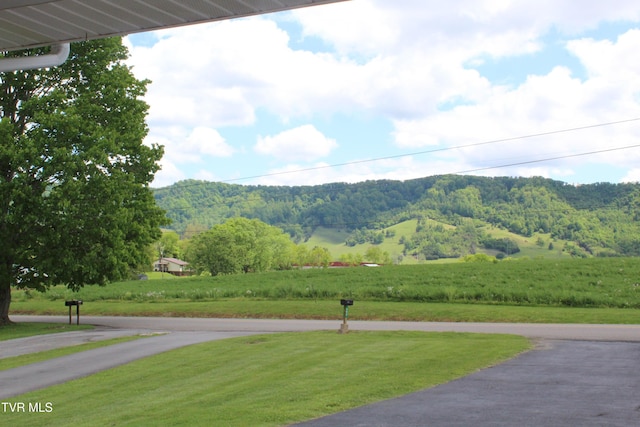 mountain view featuring a heavily wooded area