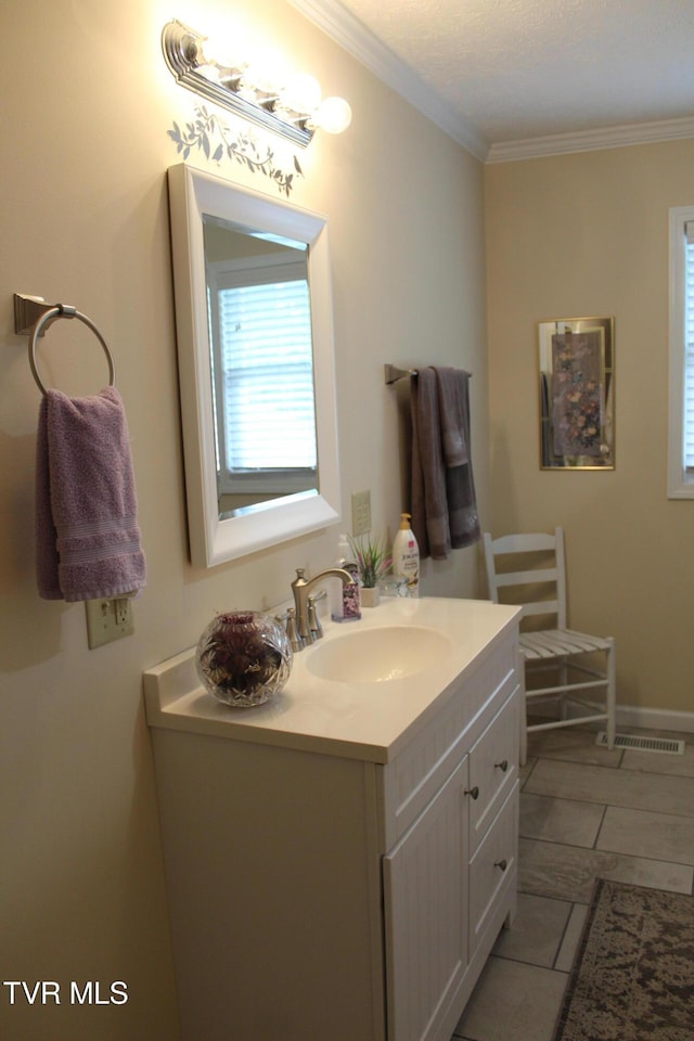 bathroom with healthy amount of natural light, vanity, and ornamental molding