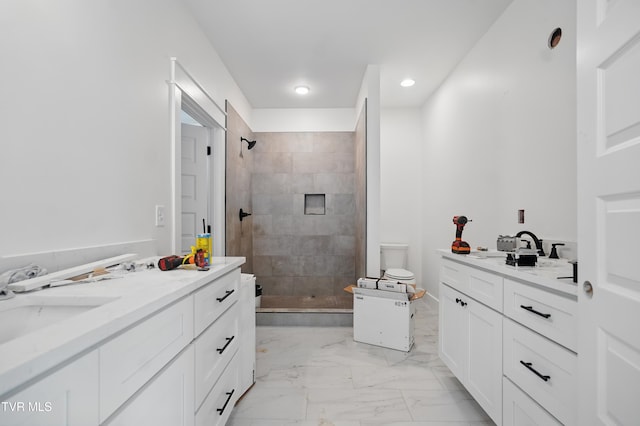173 Paynetown Rd, Telford, TN 37690 - full bathroom with a tile shower, marble finish floor, and vanity