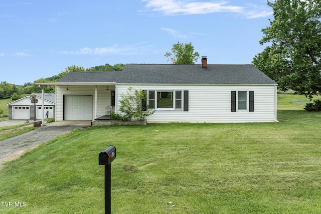216 Sunbury Ct, Kingsport, TN 37664 - ranch-style home featuring a garage, driveway, a front lawn, a chimney, and roof with shingles