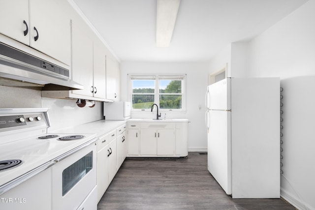216 Sunbury Ct, Kingsport, TN 37664 - kitchen with white appliances, under cabinet range hood, a sink, white cabinetry, and light countertops