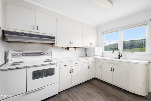 216 Sunbury Ct, Kingsport, TN 37664 - kitchen featuring range with two ovens, under cabinet range hood, dark wood-style floors, a sink, and white cabinets