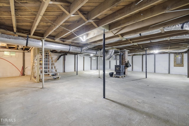 216 Sunbury Ct, Kingsport, TN 37664 - unfinished below grade area with a wood stove and electric panel