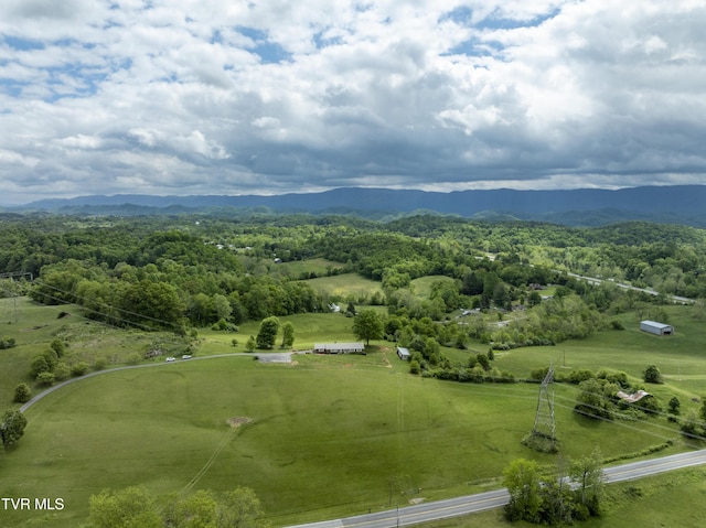 aerial view of sparsely populated area with a mountain backdrop and a heavily wooded area