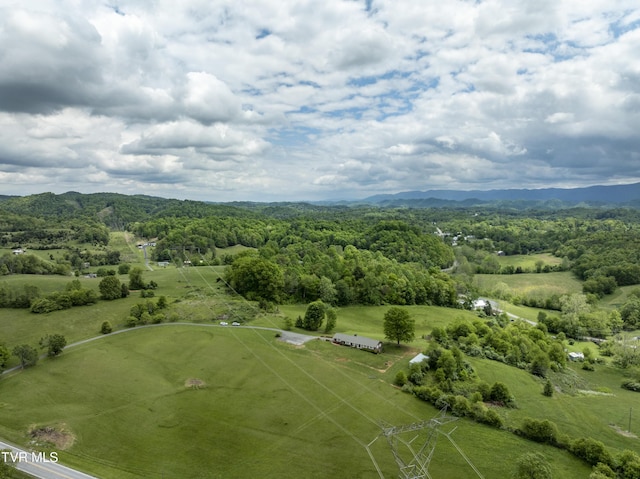 bird's eye view of a heavily wooded area and a mountain backdrop
