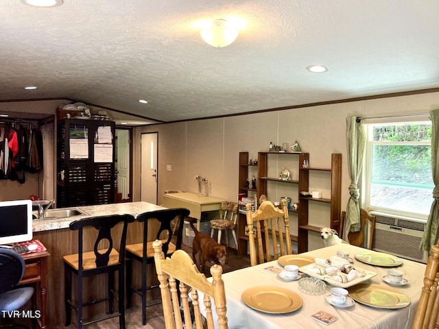 28529 US Highway 23, Big Stone Gap, VA 24219 - dining area featuring wood finished floors, cooling unit, a textured ceiling, vaulted ceiling, and recessed lighting