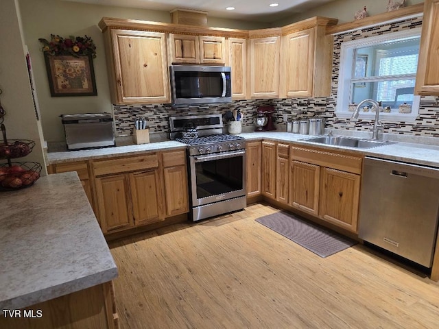 214 Elliott, Erwin, TN 37650 - kitchen with appliances with stainless steel finishes, a sink, light wood-style flooring, backsplash, and light countertops
