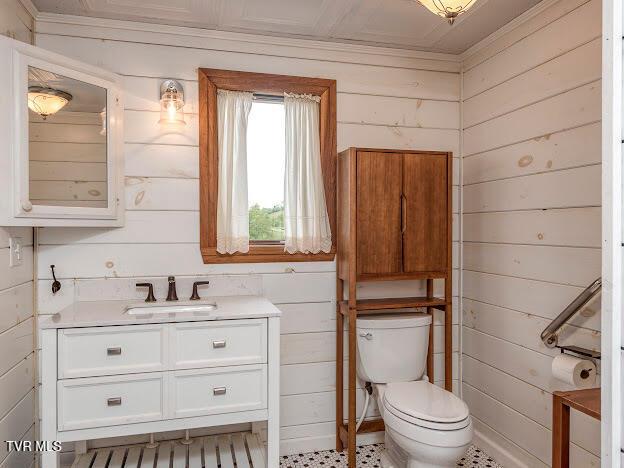 26354 Pewter Ln, Abingdon, VA 24211 - bathroom with wooden walls, toilet, vanity, and ornamental molding