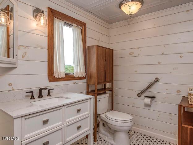 26354 Pewter Ln, Abingdon, VA 24211 - bathroom with toilet, wooden walls, vanity, and ornamental molding