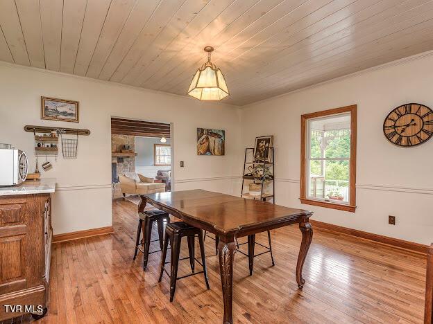 26354 Pewter Ln, Abingdon, VA 24211 - dining space with light wood-type flooring, baseboards, and wood ceiling