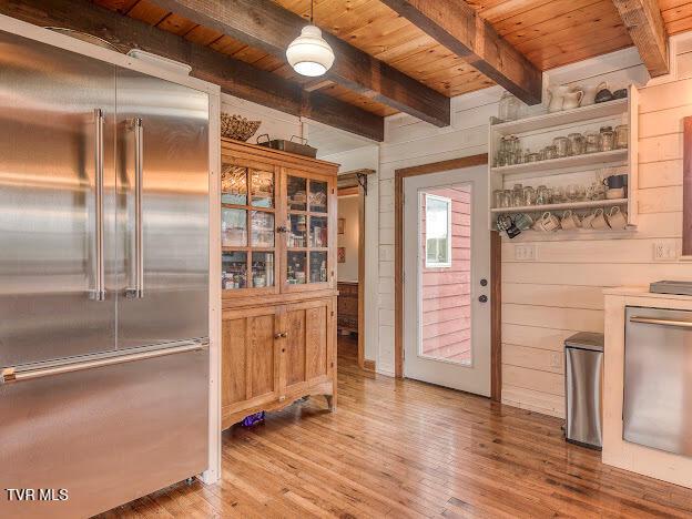 26354 Pewter Ln, Abingdon, VA 24211 - kitchen with built in fridge, wooden ceiling, beamed ceiling, wood finished floors, and open shelves