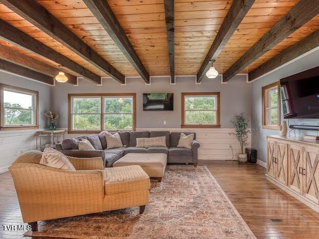 26354 Pewter Ln, Abingdon, VA 24211 - living area featuring hardwood / wood-style floors, beamed ceiling, plenty of natural light, wainscoting, and wood ceiling