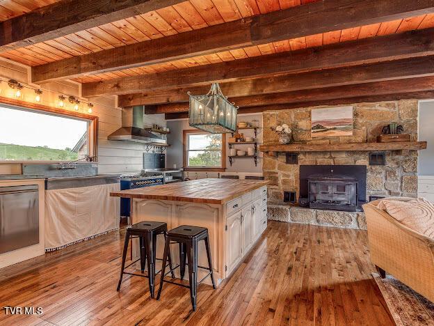 26354 Pewter Ln, Abingdon, VA 24211 - kitchen featuring wood counters, wall chimney range hood, light wood finished floors, wooden ceiling, and a stone fireplace