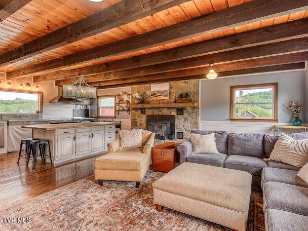 26354 Pewter Ln, Abingdon, VA 24211 - living room with wooden ceiling, wood finished floors, beamed ceiling, healthy amount of natural light, and a stone fireplace