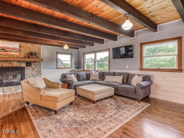 26354 Pewter Ln, Abingdon, VA 24211 - living area featuring wood-type flooring, wooden ceiling, beam ceiling, wood walls, and wainscoting