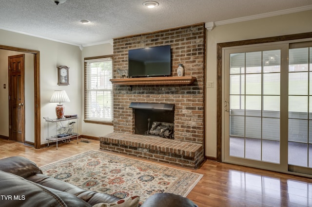 719 W Valley Dr, Kingsport, TN 37664 - living area featuring ornamental molding, wood finished floors, baseboards, a fireplace, and a textured ceiling