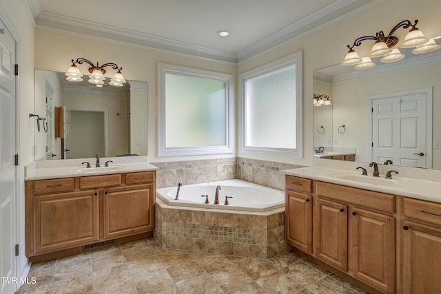 full bath with a bath, two vanities, and crown molding