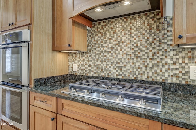 kitchen featuring stainless steel appliances, decorative backsplash, and custom exhaust hood