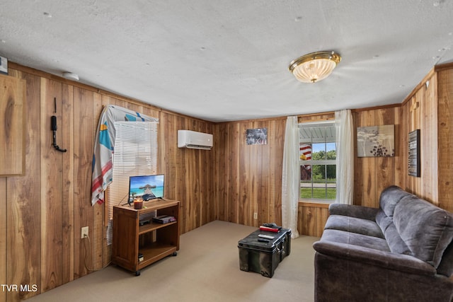 590 Kingsport Hwy, Greeneville, TN 37745 - carpeted living room featuring a wall mounted AC, wooden walls, and a textured ceiling