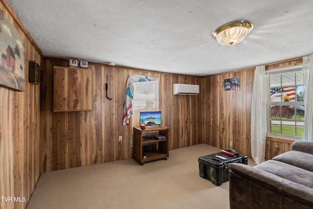 590 Kingsport Hwy, Greeneville, TN 37745 - living room featuring wooden walls, carpet, and a wall mounted AC