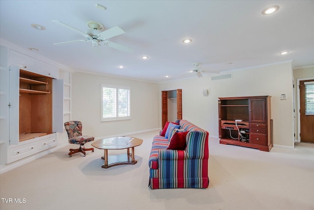 4401 Beechcliff Dr, Kingsport, TN 37664 - living area featuring ceiling fan, ornamental molding, recessed lighting, carpet, and baseboards
