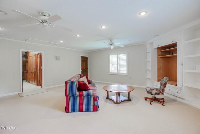 4401 Beechcliff Dr, Kingsport, TN 37664 - sitting room featuring attic access, a ceiling fan, carpet floors, recessed lighting, and ornamental molding