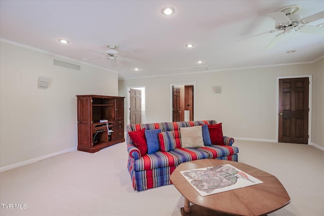 4401 Beechcliff Dr, Kingsport, TN 37664 - living room with attic access, ceiling fan, ornamental molding, light colored carpet, and baseboards