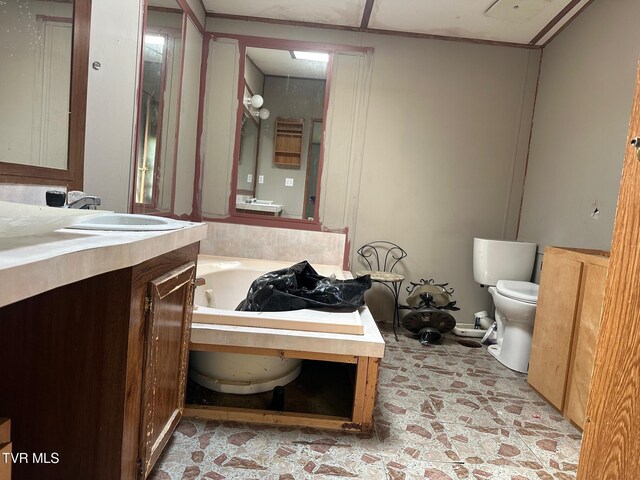 full bathroom with a bath, vanity, and toilet