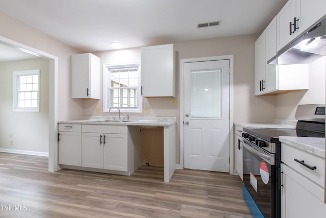 7324 White Pine Cir, Bristol, VA 24202 - kitchen featuring electric range, under cabinet range hood, a sink, light wood-type flooring, and white cabinetry