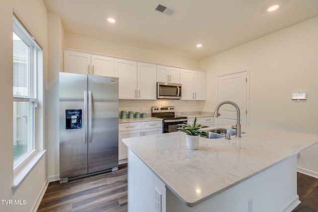2340 Hamshire St, Johnson City, TN 37601 - kitchen with appliances with stainless steel finishes, a sink, dark wood-type flooring, white cabinetry, and recessed lighting