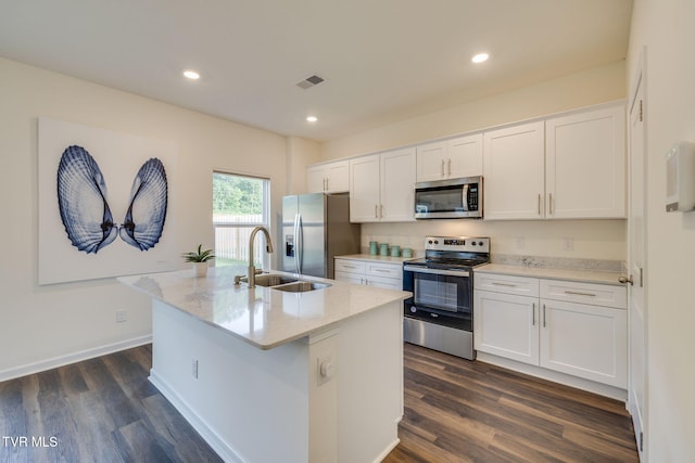 2340 Hamshire St, Johnson City, TN 37601 - kitchen featuring appliances with stainless steel finishes, a sink, white cabinetry, a kitchen island with sink, and dark wood finished floors