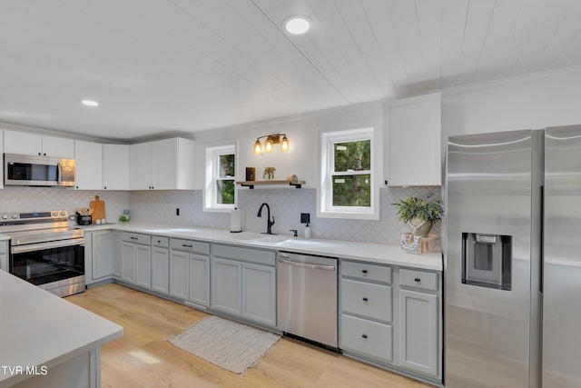 kitchen with appliances with stainless steel finishes, a sink, backsplash, light countertops, and gray cabinets