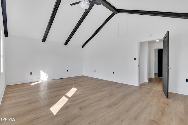 unfurnished living room featuring beam ceiling, a ceiling fan, baseboards, light wood-type flooring, and high vaulted ceiling