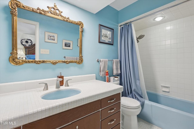 bathroom with toilet, vanity, shower / bathtub combination with curtain, and tile patterned flooring