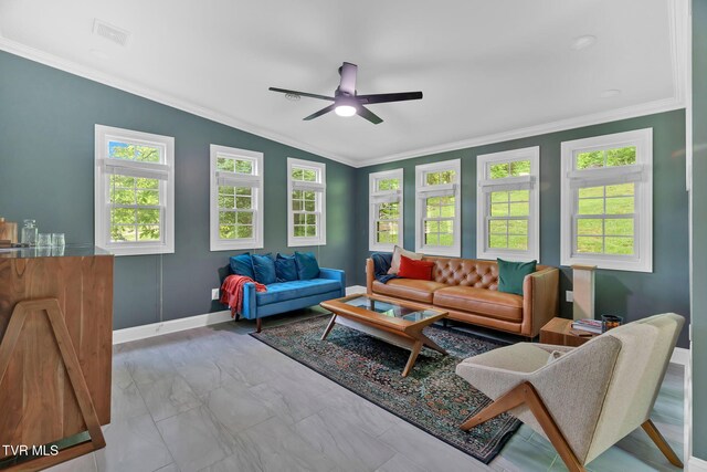 588 Spring Valley Rd, Bristol, VA 24201 - living room with a ceiling fan, ornamental molding, baseboards, and marble look tile flooring