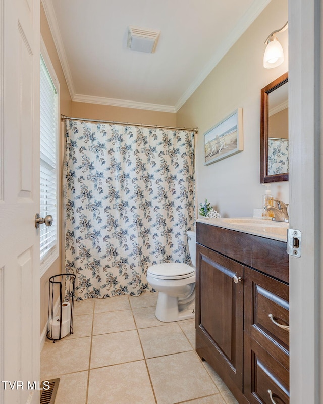 full bathroom with tile patterned floors, crown molding, vanity, toilet, and curtained shower