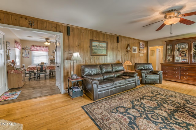629 Buffalo Rd, Blountville, TN 37617 - living room featuring a ceiling fan, wood walls, and light wood-style flooring