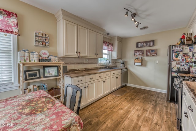 629 Buffalo Rd, Blountville, TN 37617 - kitchen featuring stainless steel appliances, a sink, wood finished floors, baseboards, and decorative light fixtures