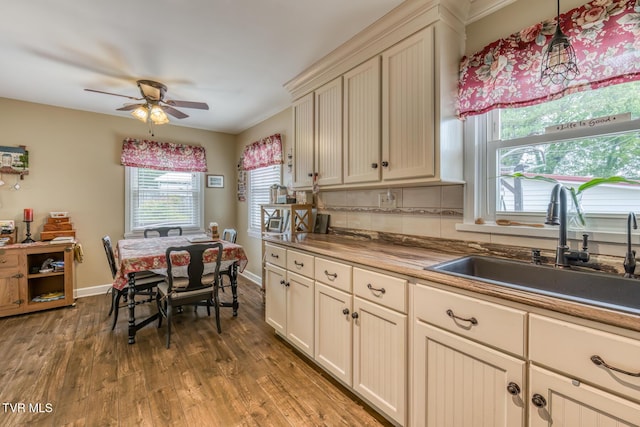 629 Buffalo Rd, Blountville, TN 37617 - kitchen with a sink, wood finished floors, ceiling fan, cream cabinets, and baseboards