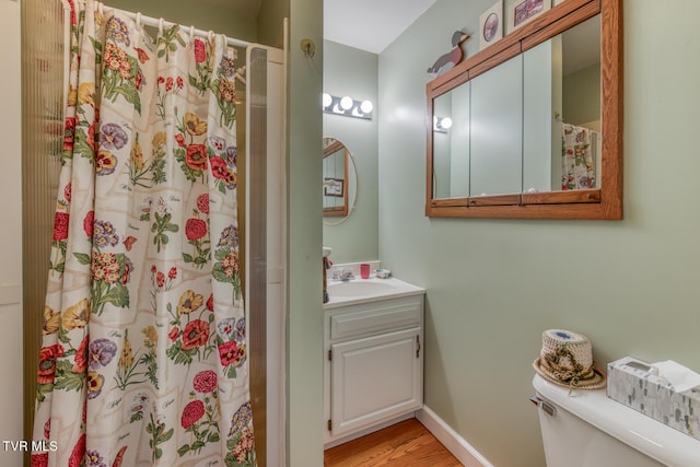 629 Buffalo Rd, Blountville, TN 37617 - bathroom with toilet, vanity, a shower with curtain, and wood finished floors