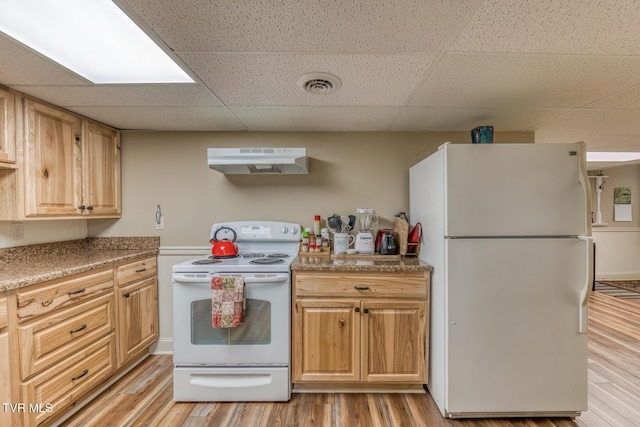 629 Buffalo Rd, Blountville, TN 37617 - kitchen featuring white appliances, under cabinet range hood, a paneled ceiling, light wood finished floors, and light countertops