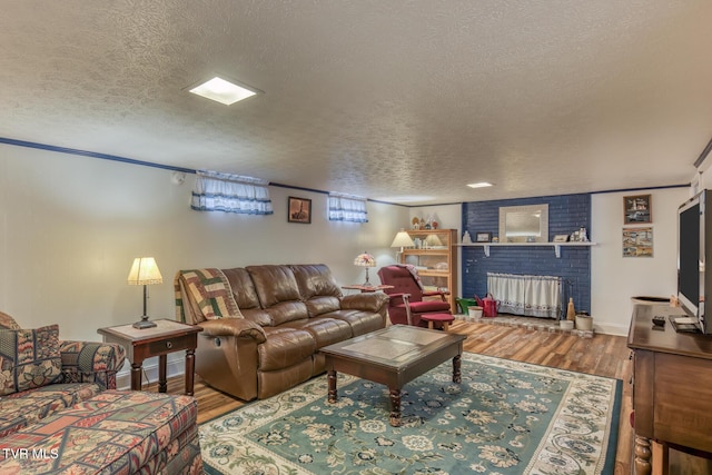629 Buffalo Rd, Blountville, TN 37617 - living room featuring radiator, a textured ceiling, wood finished floors, and a brick fireplace