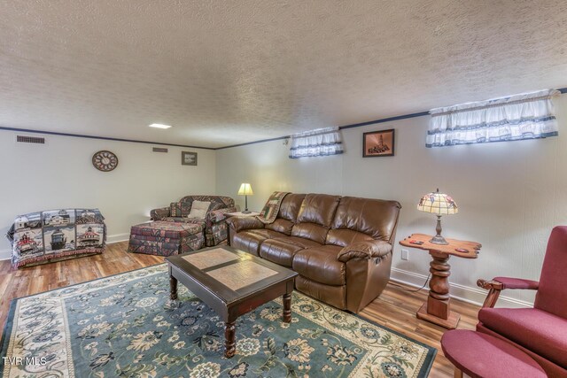 629 Buffalo Rd, Blountville, TN 37617 - living area featuring healthy amount of natural light, wood finished floors, a textured ceiling, baseboards, and crown molding