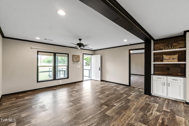 2551 Cedar Creek Rd, Russellville, TN 37860 - unfurnished living room featuring ornamental molding, dark wood-type flooring, baseboards, ceiling fan, and recessed lighting