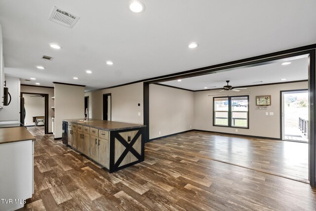 2551 Cedar Creek Rd, Russellville, TN 37860 - unfurnished living room featuring ornamental molding, ceiling fan, dark wood-style floors, recessed lighting, and baseboards