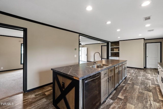 2551 Cedar Creek Rd, Russellville, TN 37860 - kitchen featuring a sink, crown molding, dark countertops, a kitchen island with sink, and recessed lighting