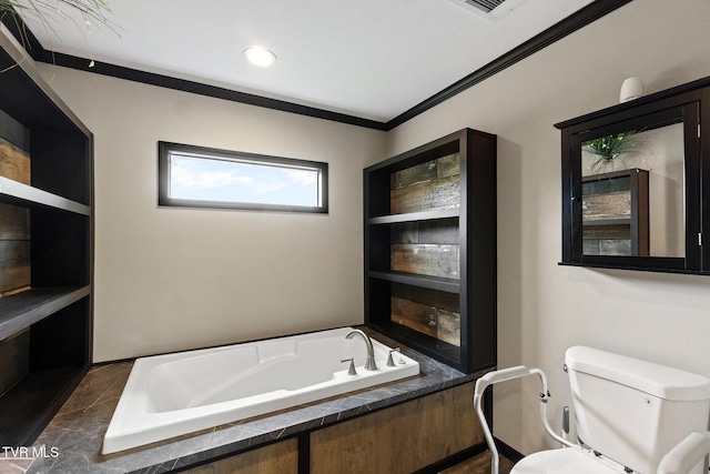 2551 Cedar Creek Rd, Russellville, TN 37860 - bathroom with toilet, a garden tub, and crown molding
